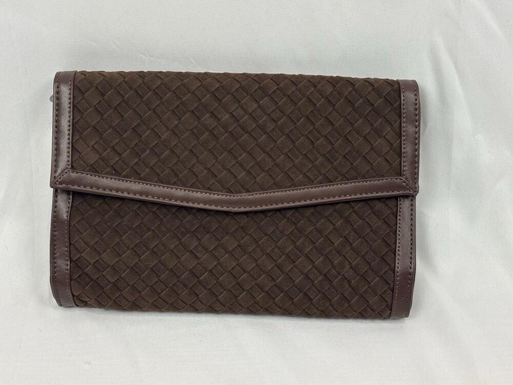 Haute Shore Beth Woven Clutch Chocolate Suede Vegan Leather Convertible Bag NEW!